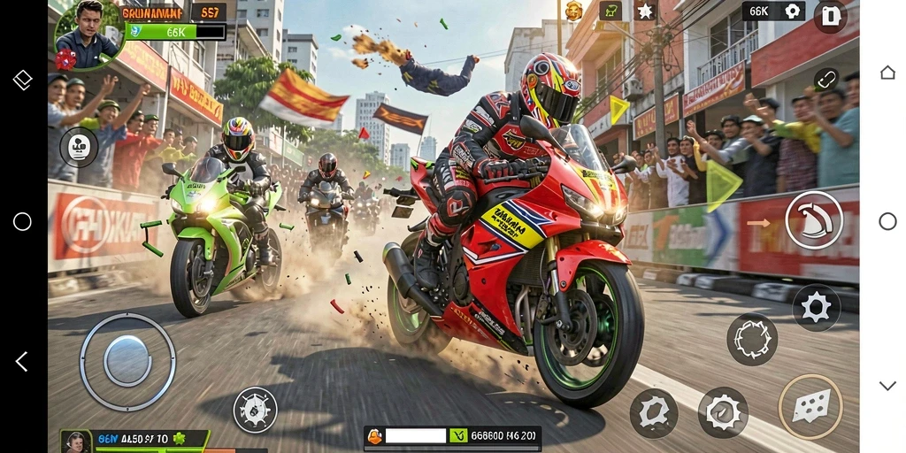 Tangkapan layar gameplay 66K yang menunjukkan balapan motor yang mendebarkan.