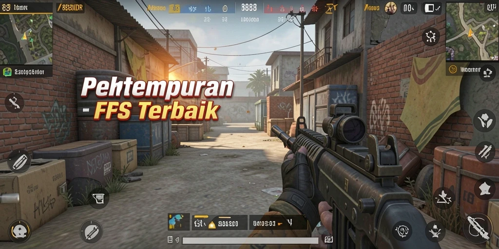 Screenshot 888IDR menampilkan aksi pertempuran yang intens dalam game FPS.