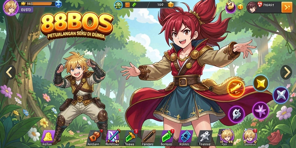 Tangkapan layar gameplay 88BOS menampilkan karakter Anime yang dinamis dan petualangan seru.
