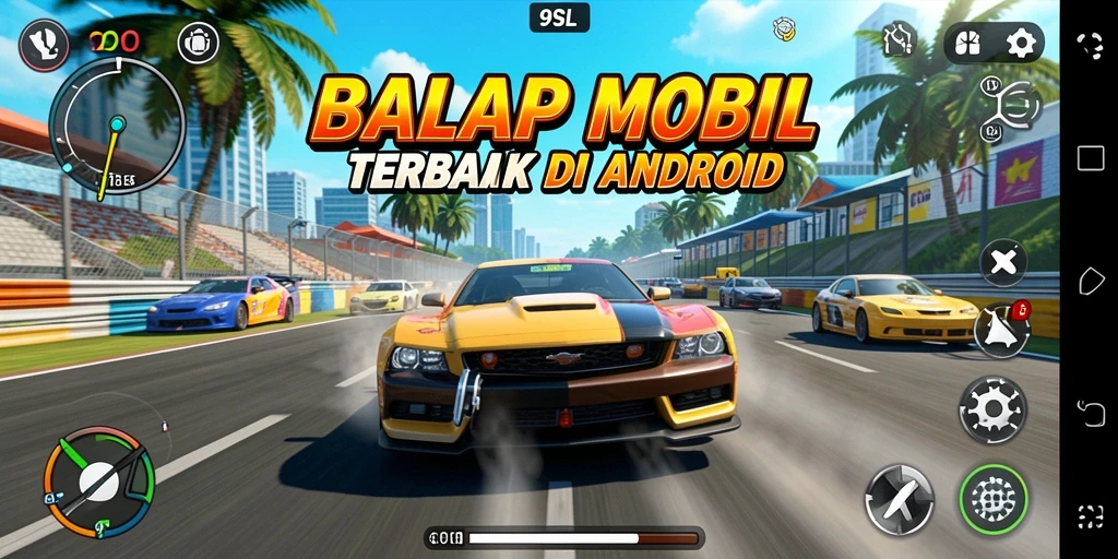 Gameplay balap mendebarkan dengan berbagai mobil dan lintasan.