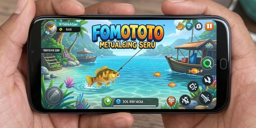 Screenshot gameplay FOMOTOTO menunjukkan pengalaman memancing yang nyata.