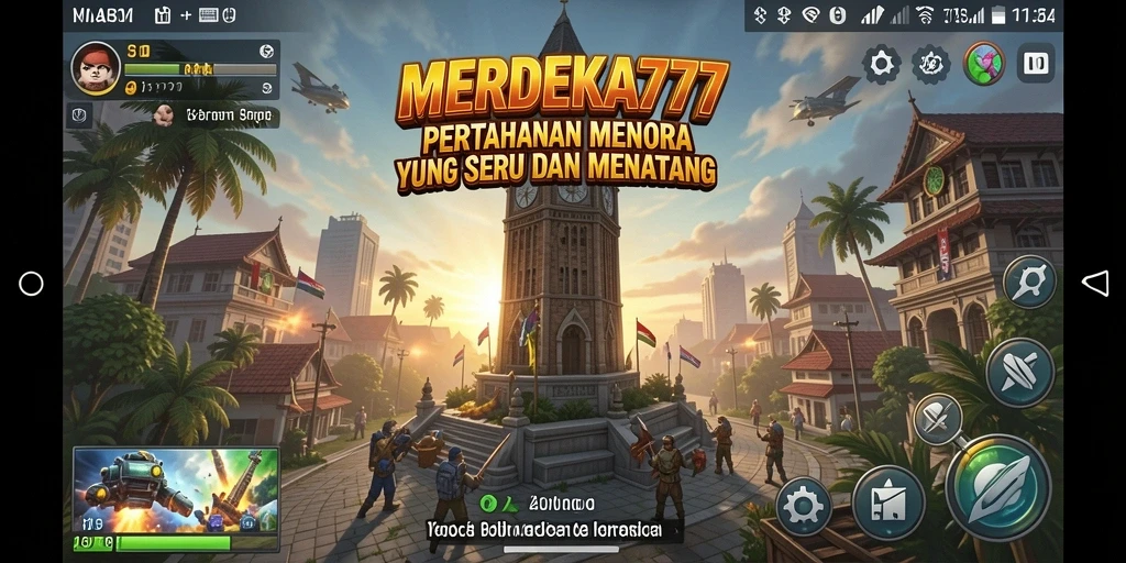 Tangkapan layar gameplay <strong>MERDEKA777</strong> yang menunjukkan menara bertahan dari gelombang musuh.