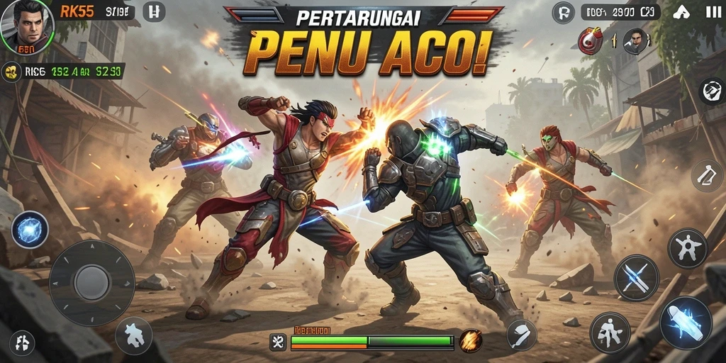 Tampilan aksi seru dalam gameplay RK55 yang penuh strategi.
